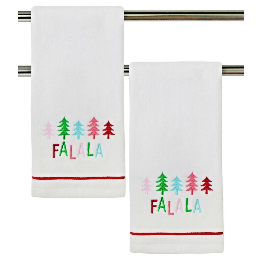 Fa La La Christmas Tree Hand Towels White Holiday Winter Embroidered Set of 2